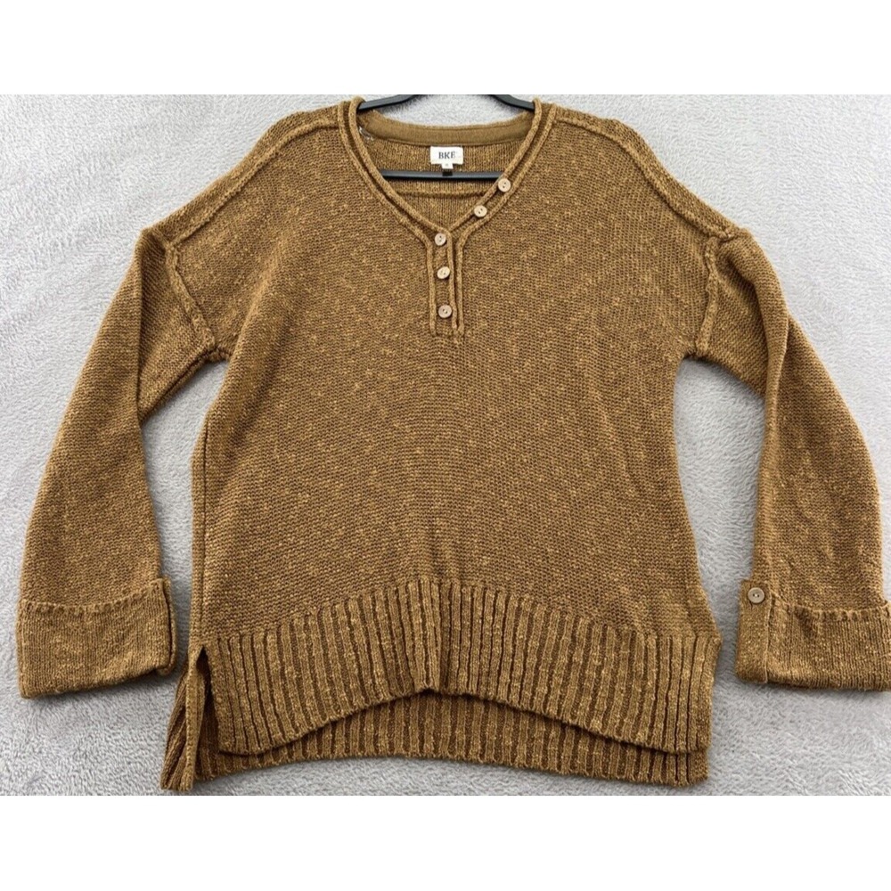 BKE Buckle Sweater Women's Medium Brown V Neck Henley Style Knit Long Sleeve